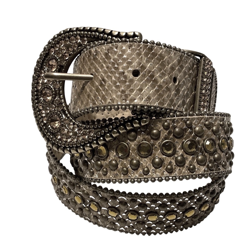 Chicos Womens Snakeskin Studded Rhinestone Western Belt Bronze Gold Buckle Large